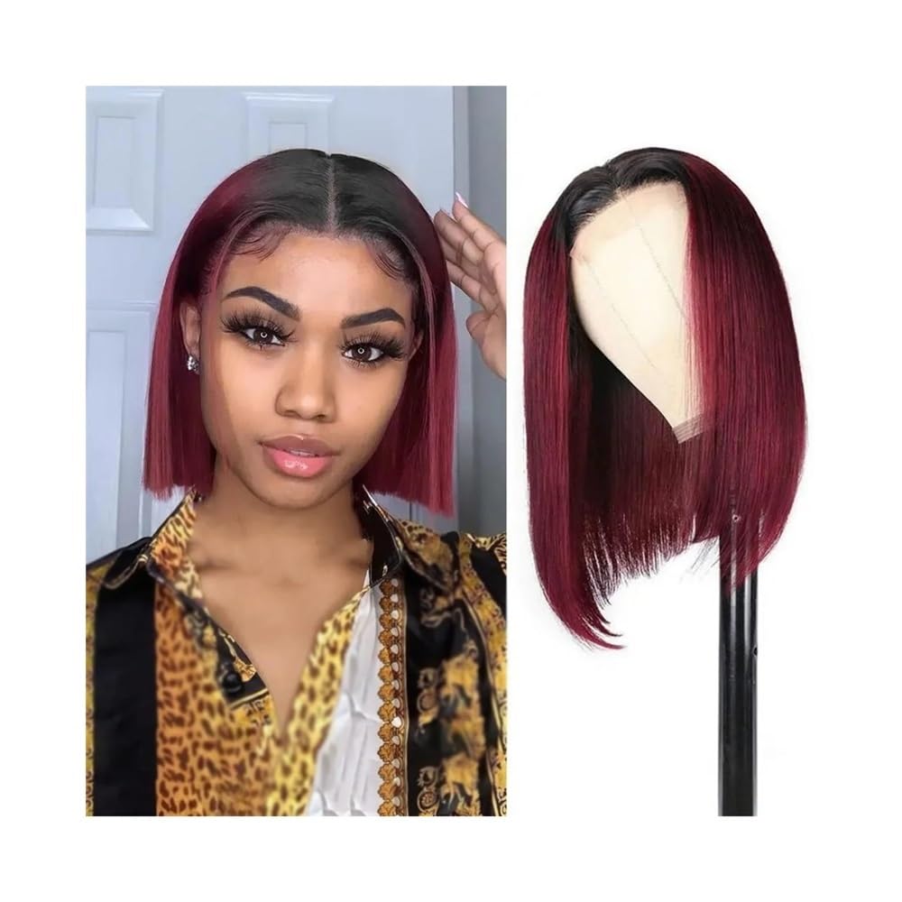 Haaraufsätze Pelucas de Cabello Humano Liso con Parte Frontal Encaje y Corte Bob Corto 1B/99J for Mujeres Negras(12inches)