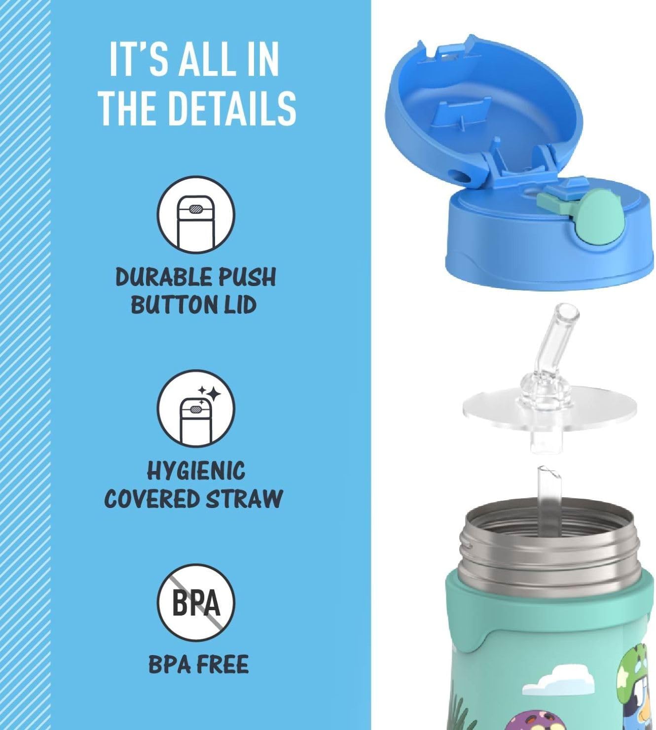 Thermos Baby 10 oz. Stainless Steel Bottle with pop-up straw, Bluey - Image 4