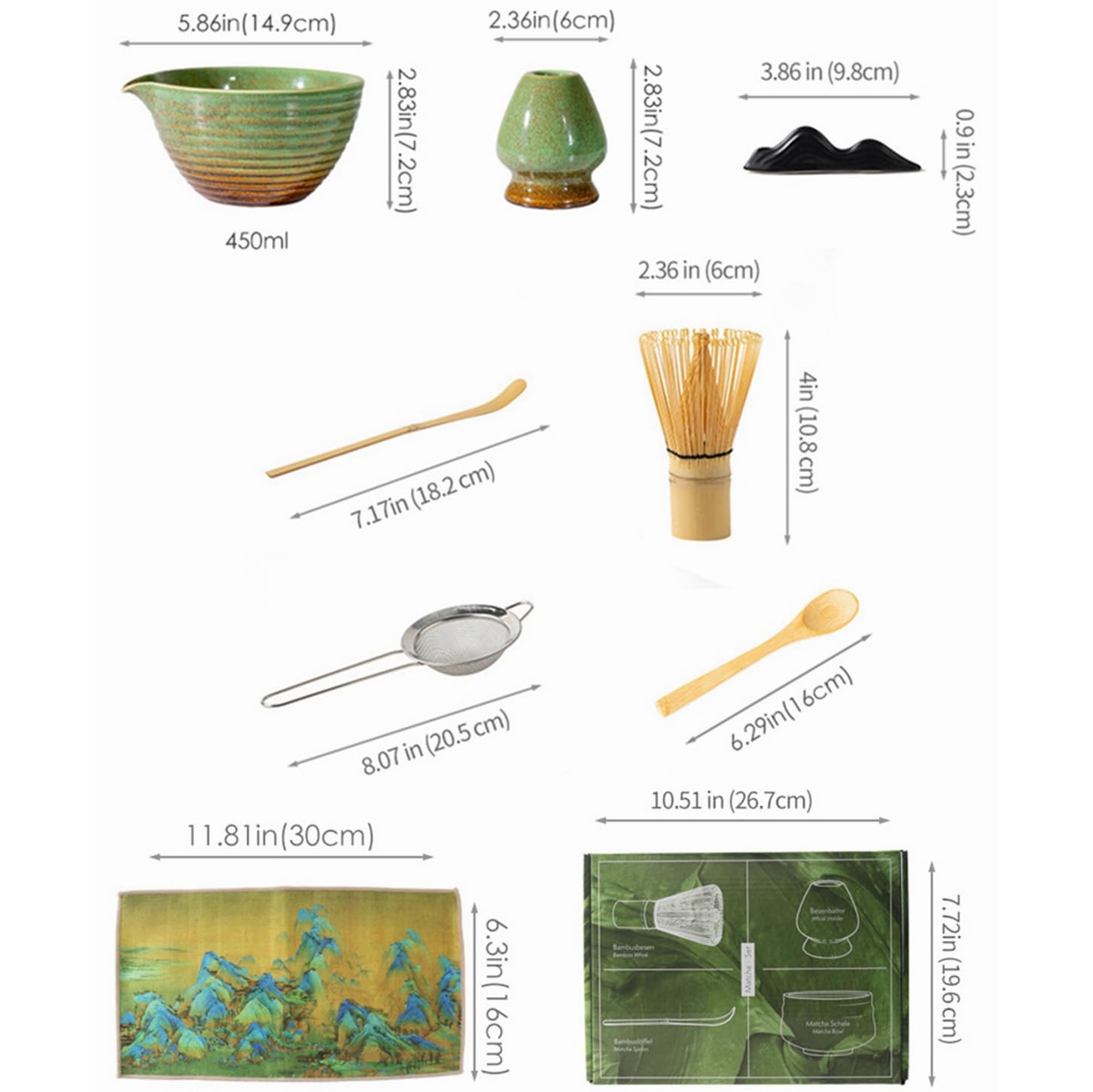 Juego de 8 batidores de matcha con caja de regalo, juego tradicional de ceremonia de té japonés, juego de cuencos de cerámica para cambiar el horno, juego de cuencos de matcha a rayas horizontales