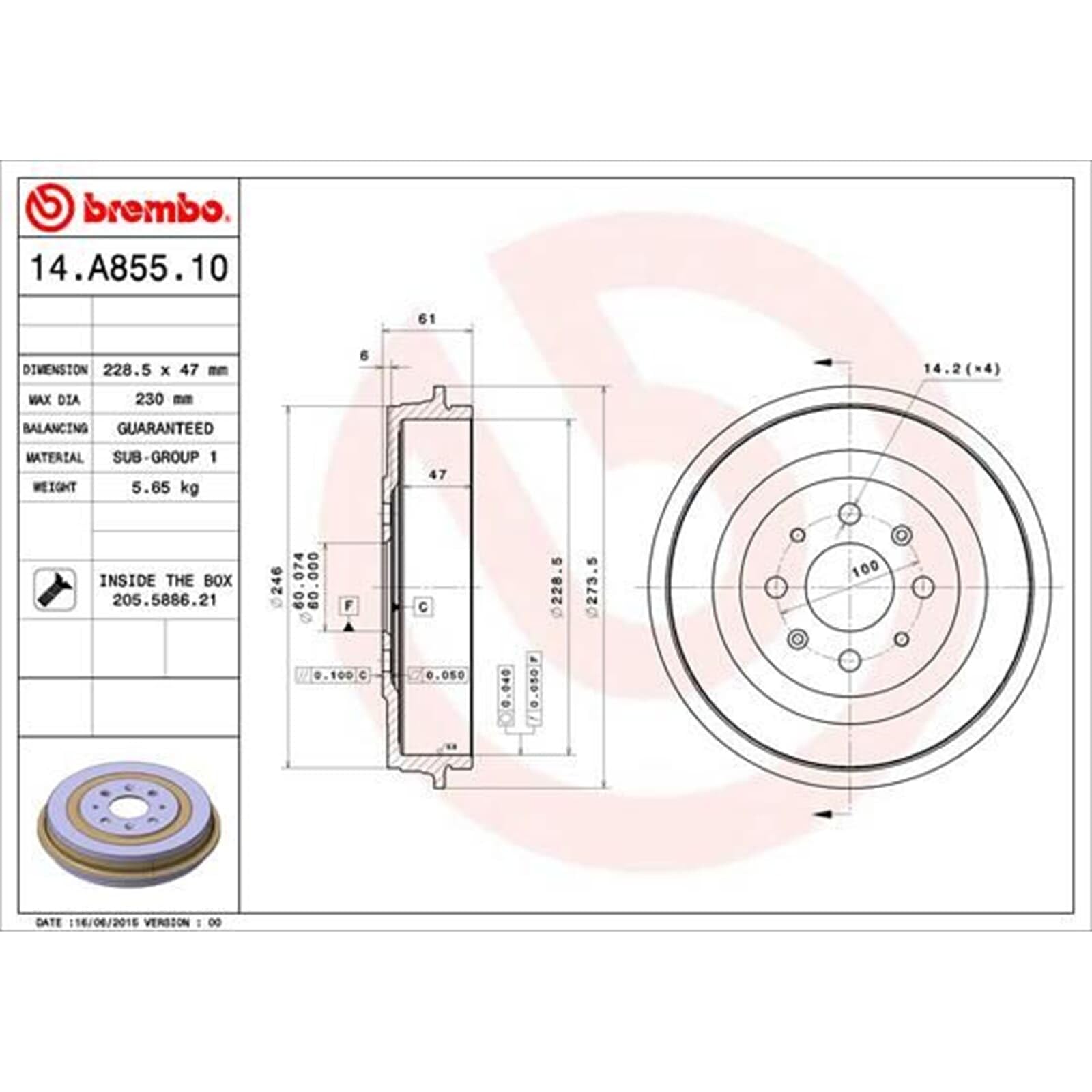 2X Brembo Bremstrommeln hinten | 2x 14.A855.10 passend für Grande Punto Adam Corsa