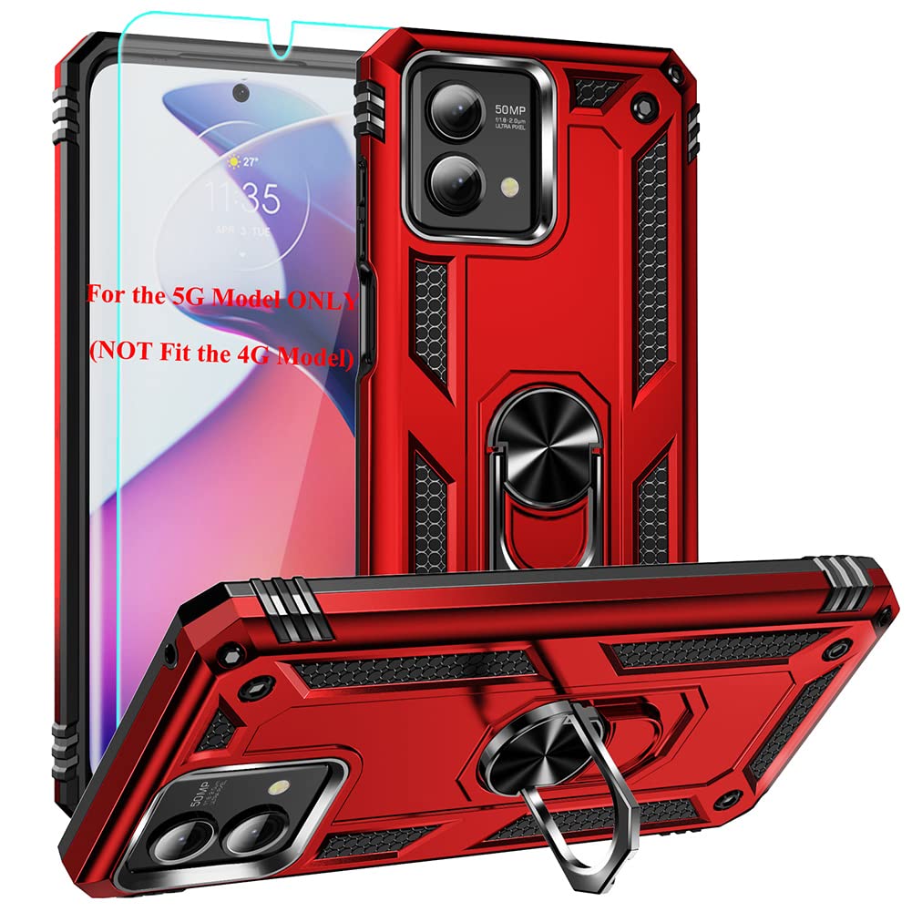 Androgate for Moto G Stylus 5G 2023 Case with HD Screen Protector, Military-Grade Metal Ring Kickstand 15ft Drop Tested Shockproof Cover Case for Motorola Moto G Stylus 5G 2023, Red