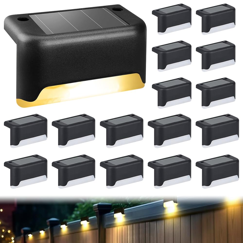 Luces Solares para Cubierta, 16 Piezas Luz de Escalera para Exterior, Luces Solares para Valla, Escalera iluminación LED, para Escaleras, Camino, Patio, Pared