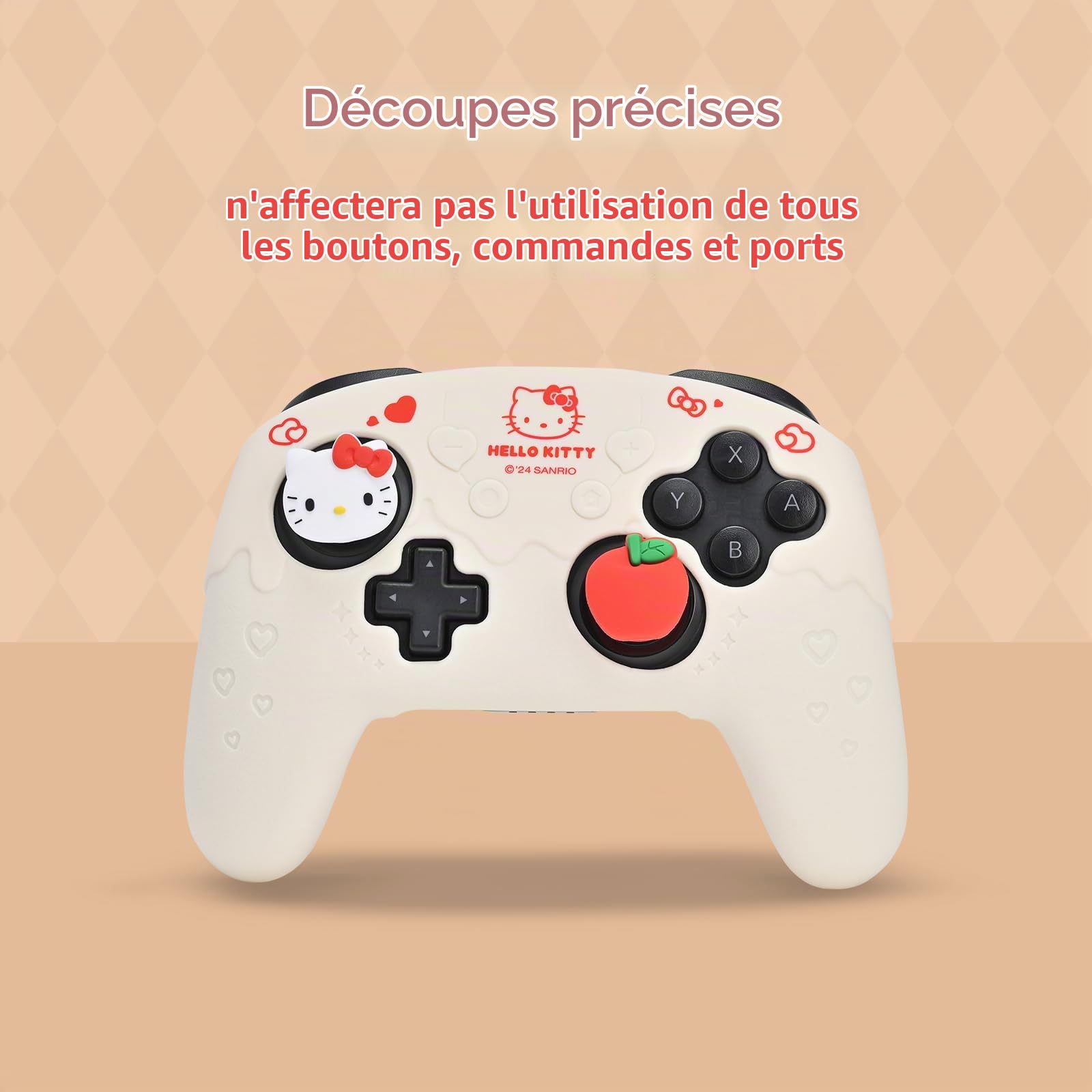 Kuitmor Lot de coques de protection en silicone souple et antidérapant pour manette Switch Pro avec 2 capuchons de pouce et 1 autocollant (beige Hello Kitty)