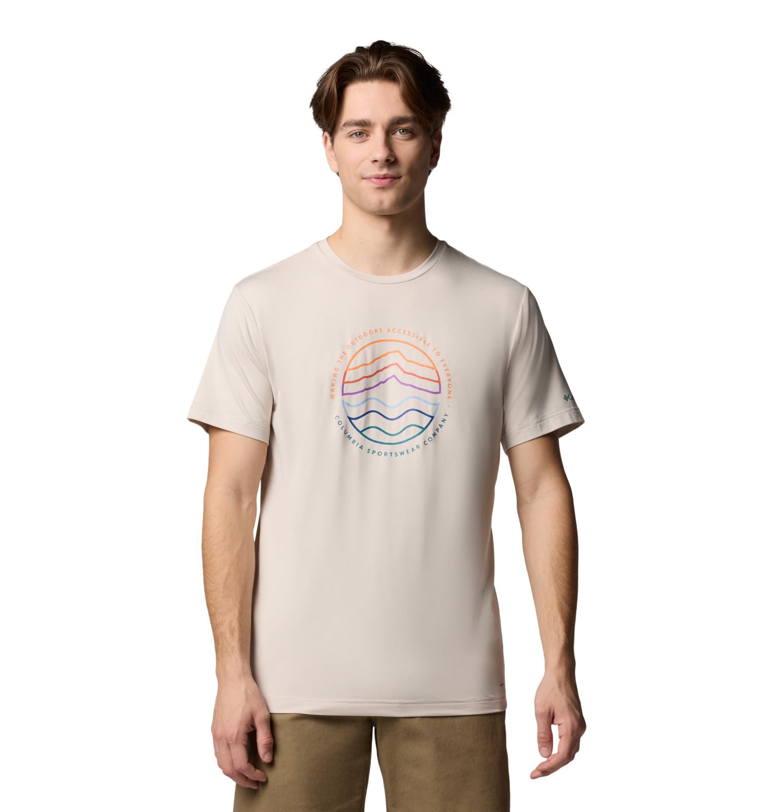 Columbia Mens Kwick Hike Graphic Short Sleeve Tee, Dark Stone Heather/Peaked Lifestyle, Medium