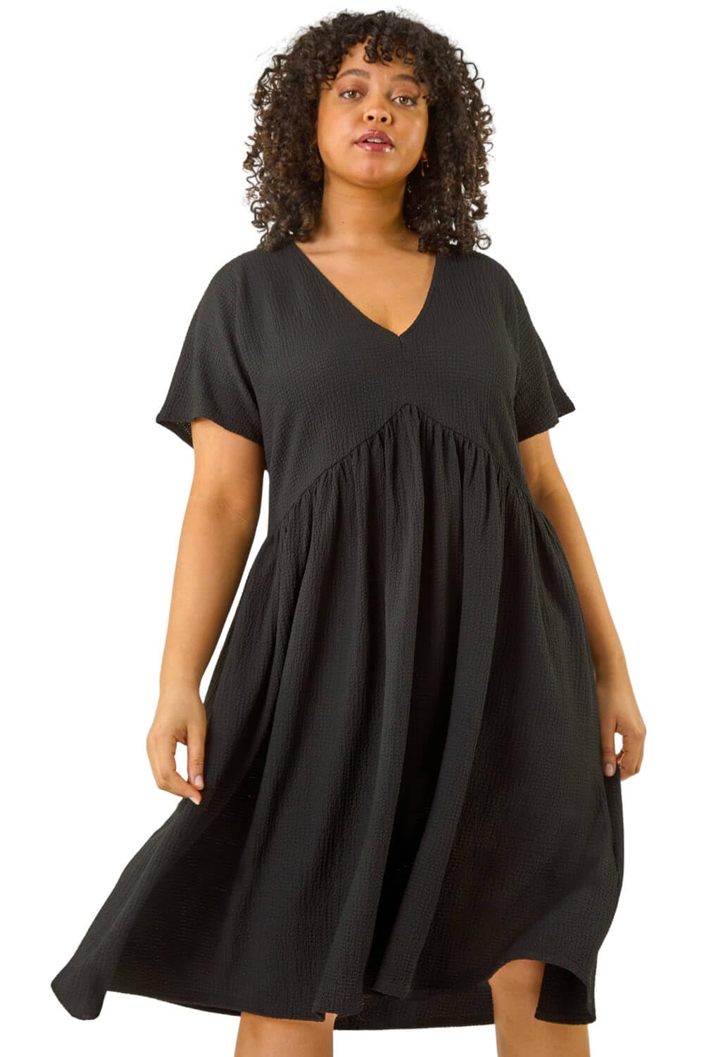 Roman Originals Women's Black Plus Roman Curve Textured V-Neck Stretch Dress For Uk - Everyday Holiday Spring Summer V-Neckline Comfy Soft Evening Vacation Work Party - Size 20