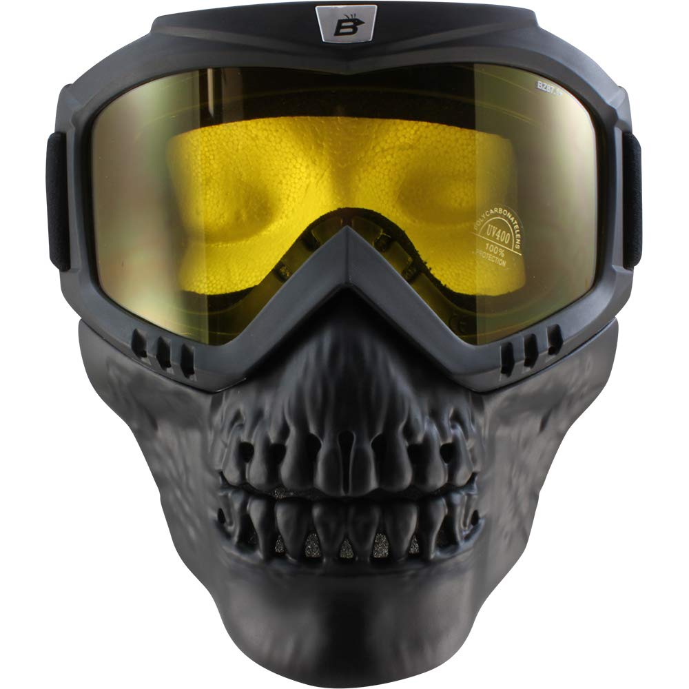 Birdz Eyewear Skullbird Black Padded ATV Motorcycle Riding Goggle with Face Mask Black with Yellow Lens