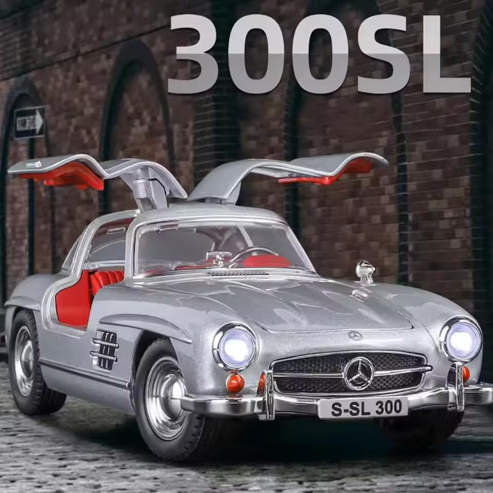 Image of Alokik Enterprise 1:24 Marcedes Benz Vintage 300SL Diecast Metal Pull Back Car with 6 Openable Doors with Sound and Light Toy Decoration car Best Gift Toys for Kids 【Silver /White 】