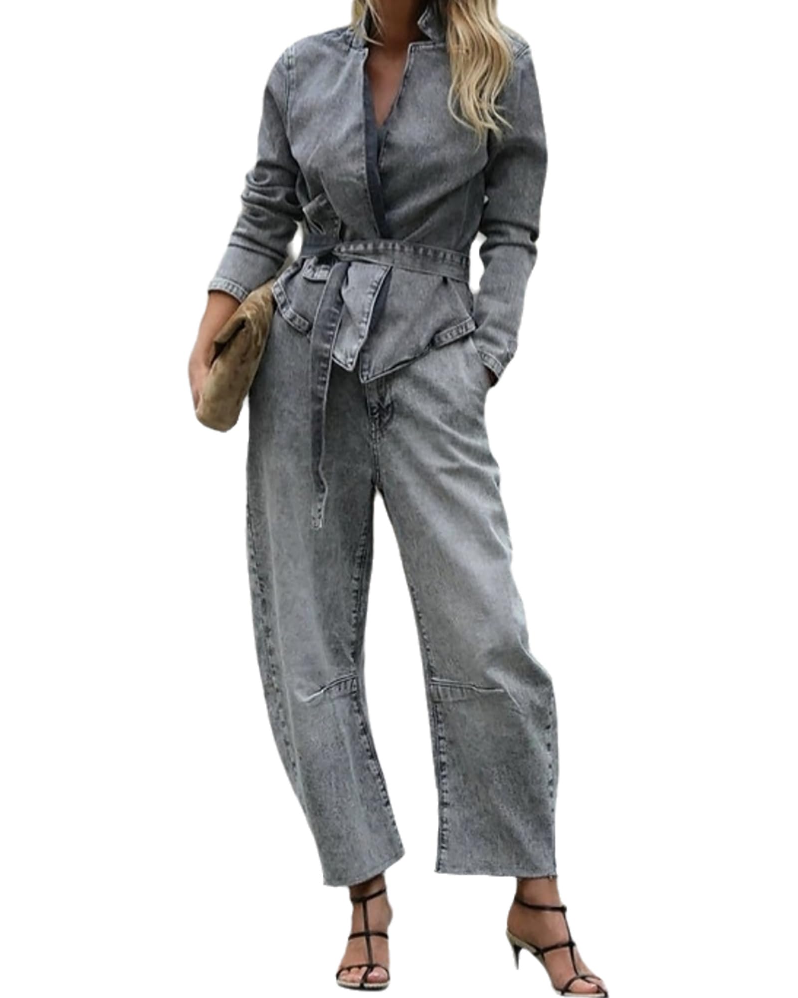 Women 2 Piece Denim Set Denim Outfits Long Sleeve Blazer Jean Jacket and Wide Leg Jeans