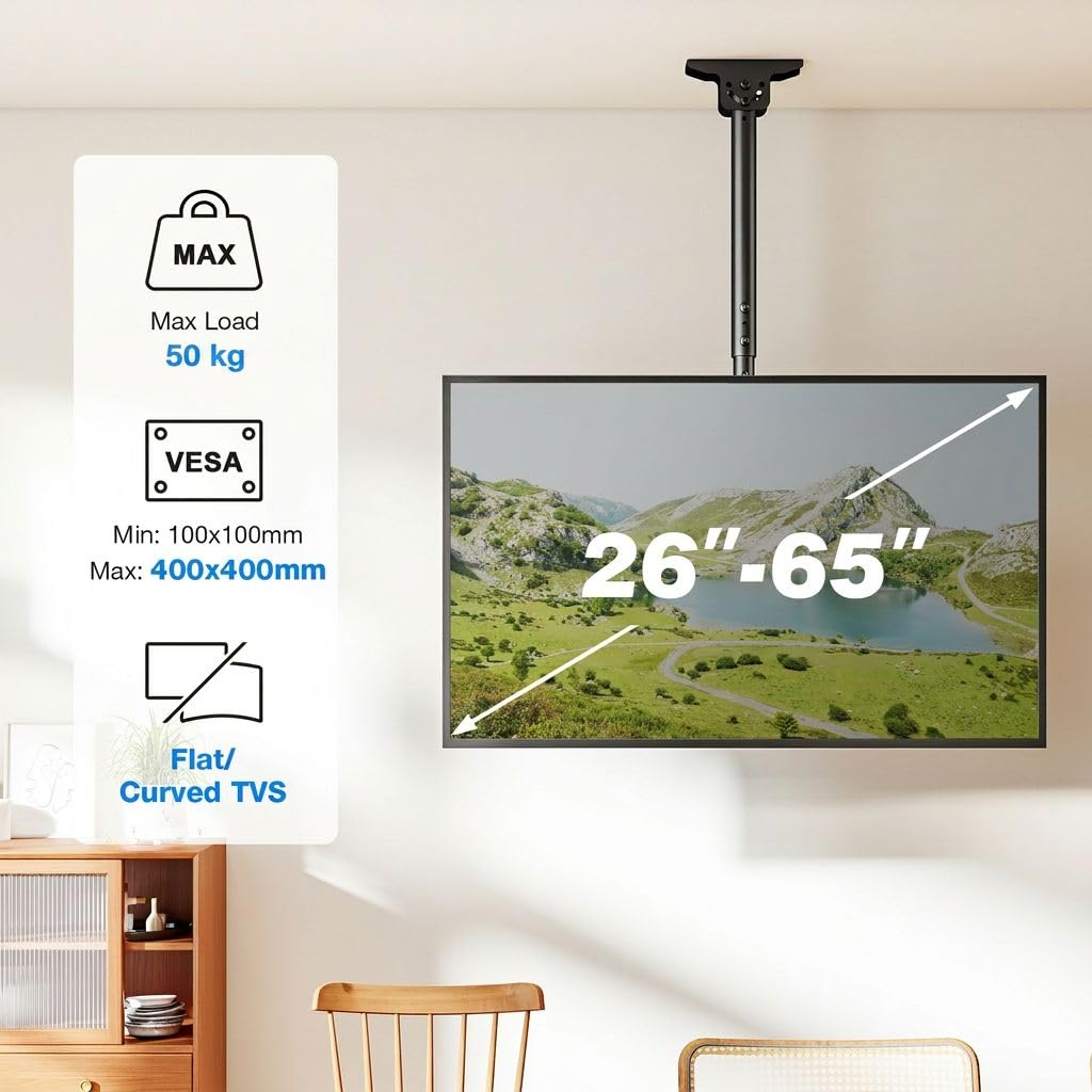 Rfiver Staffa per TV da soffitto regolabile e girevole per TV da 32-65", rotazione a 360°, supporto per TV fino a 40 kg, VESA max 400 x 400 mm
