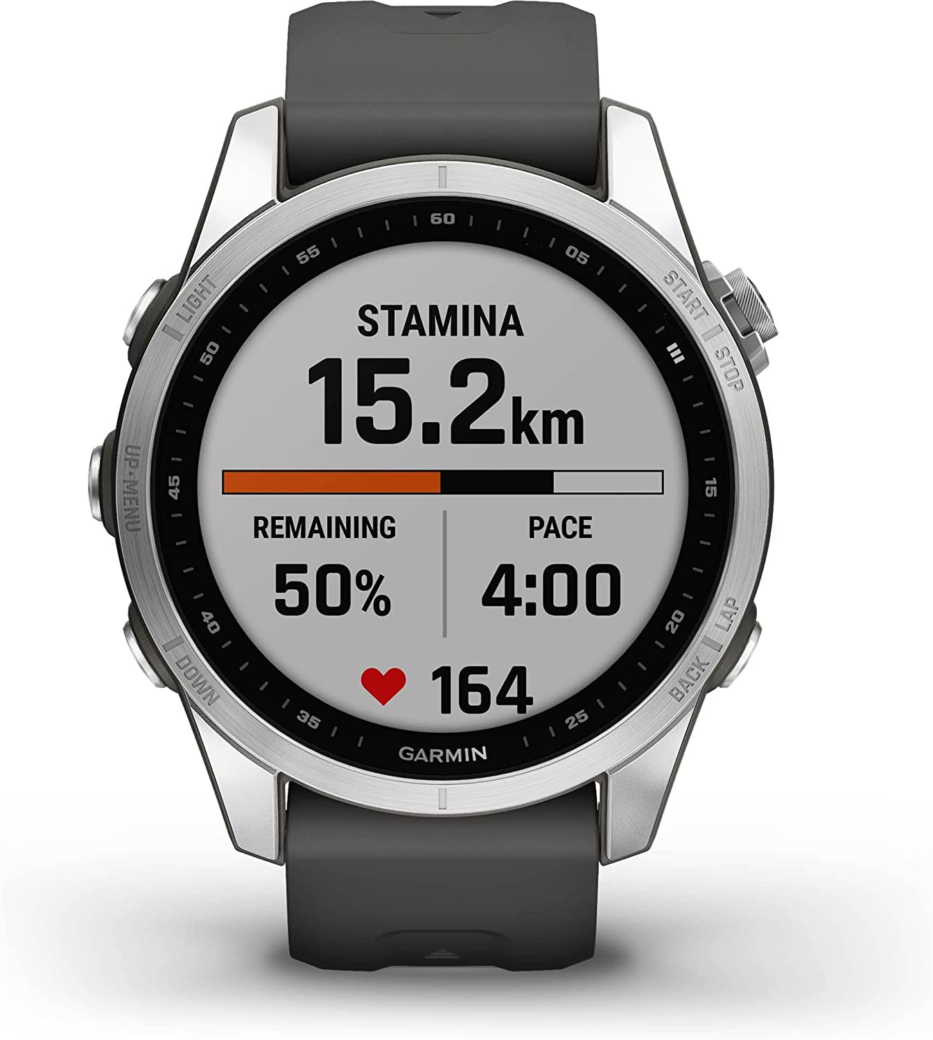 Garmin Fenix 7S, Smaller Sized Adventure smartwatch, Rugged Outdoor Watch with GPS, Touchscreen, Health and Wellness Features, Silver with Graphite Band