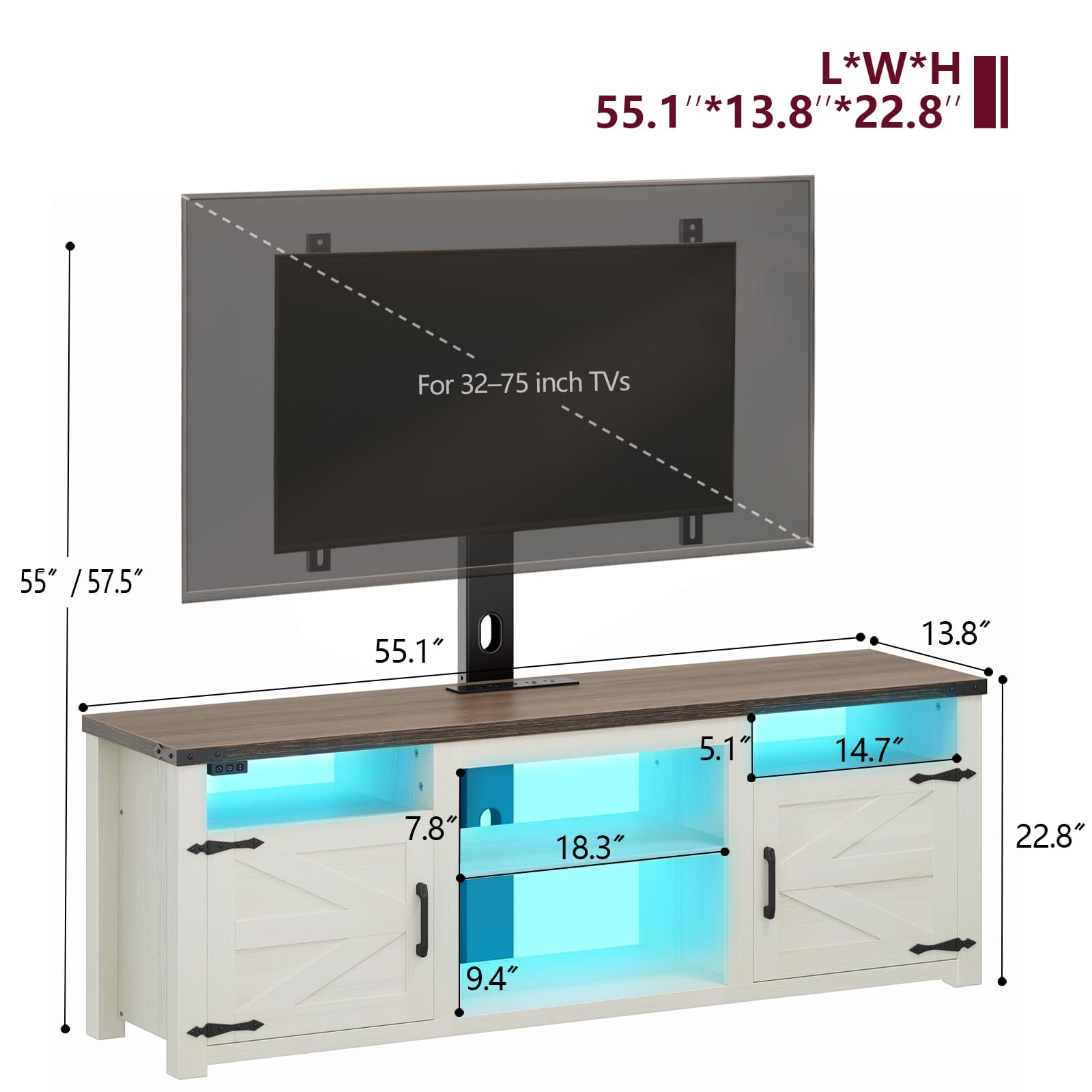 TV Stand with Mount, Farmhouse TV Stand for 32-75 inch TVs with Charging Station LED Lights, Entertainment Center with Storage for Bedroom, Living Room