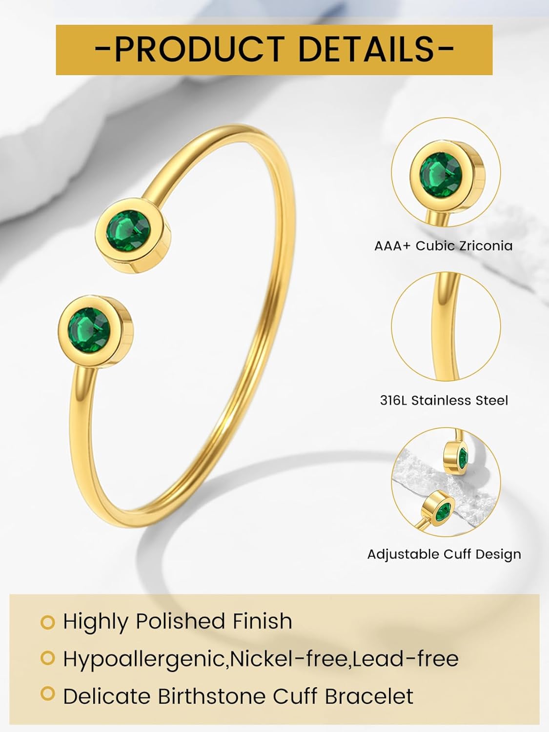 KeyStyle Stainless Steel Birthstone Bracelets for Women,Jan - Dec Birthday Cuff Bracelet fit Wrist from 6.7"-7.6",14K Gold Plated Bangle Bracelets Come with Box - Image 4