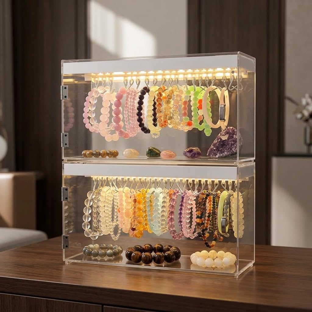 Vitrina Expositora Acrílica Transparente, 3 Niveles con Luz, para Coleccionistas Figuras y Joyas, 18L Antipolvo , Caja Almacenamiento Pulseras a (#9457)