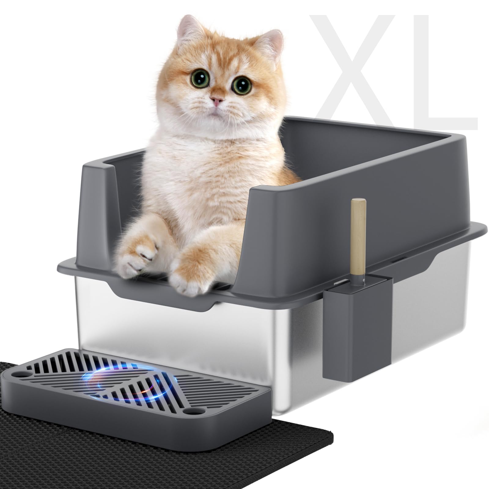 Stainless Steel Litter Box with Lid, XL Metal Cat Litter Box with Removable High Sided Enclosed, Foot Pedal & Scoop & Litter Mat for Big Cats, Anti-Urine Leakage, Non-Stick Bottom, Easy Cleaning