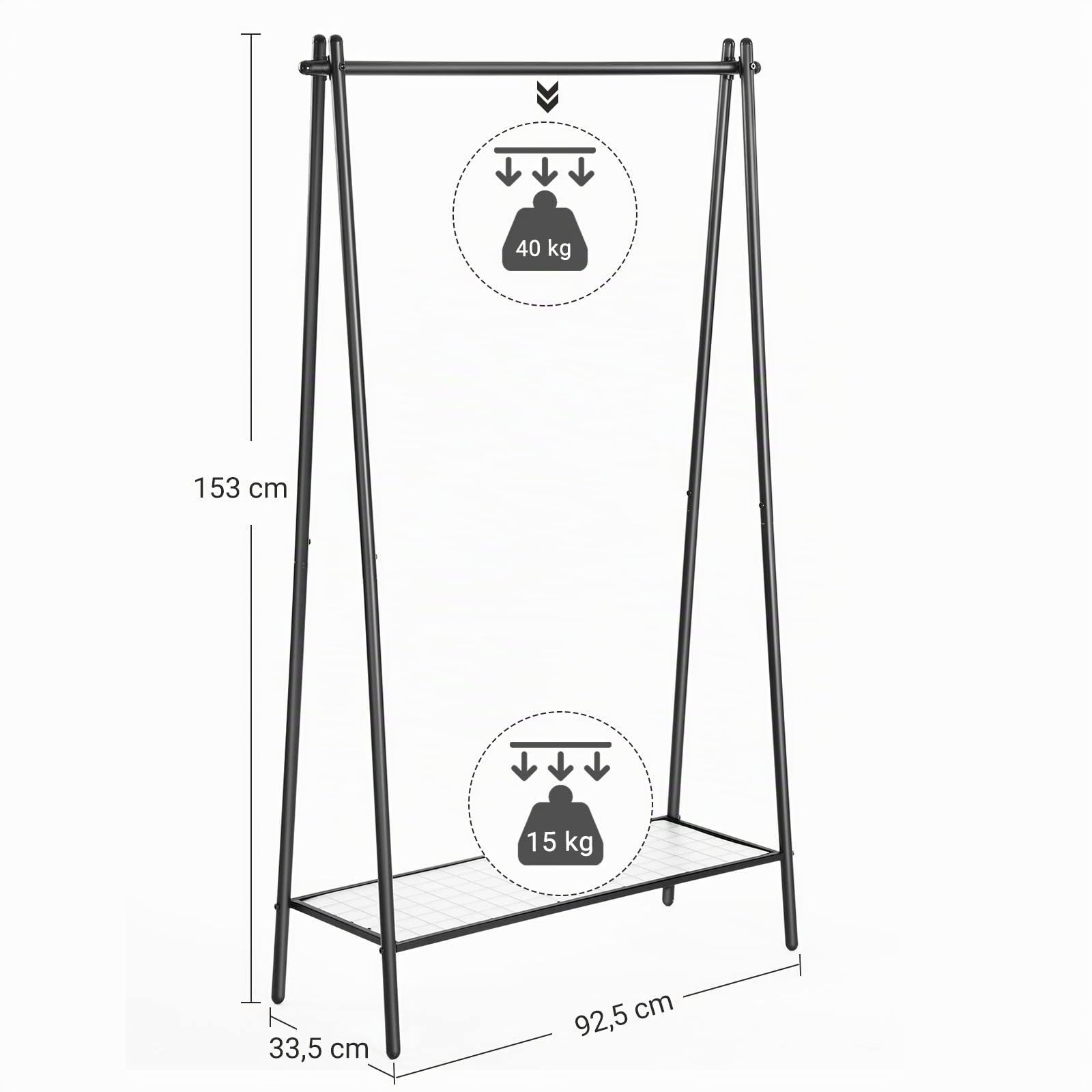 SONGMICS Stand Appendiabiti in Acciaio, con Bastone e Ripiano Portaoggetti | Attaccapanni, 92,5 x 33,5 x 153 cm, per Camera da Letto Guardaroba Lavanderia, Nero, Collezione PATAYE HSR23BK