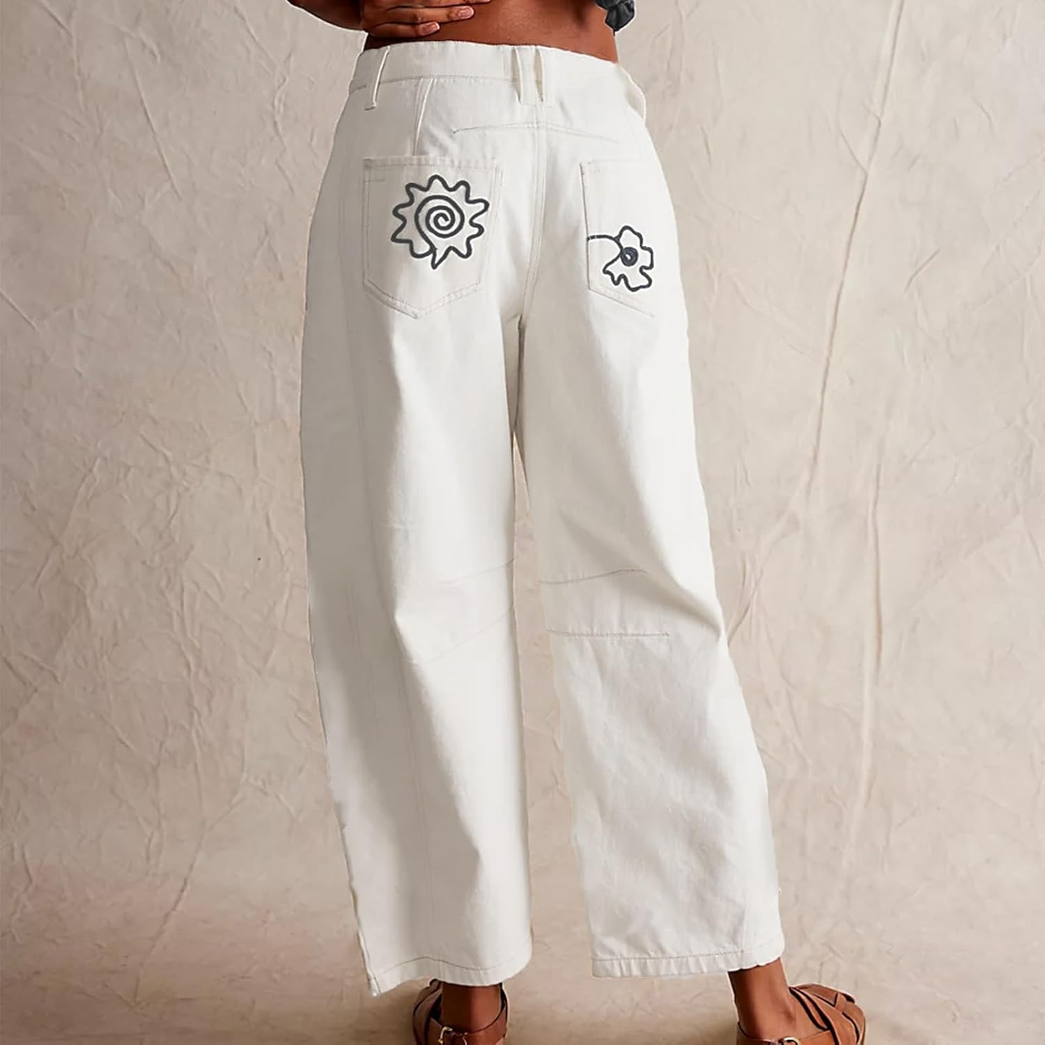 YSW Embroidered Mid Rise Jeans for Women Baggy Boyfriend Jean Boho Barrel Horseshoe Vintage Pants