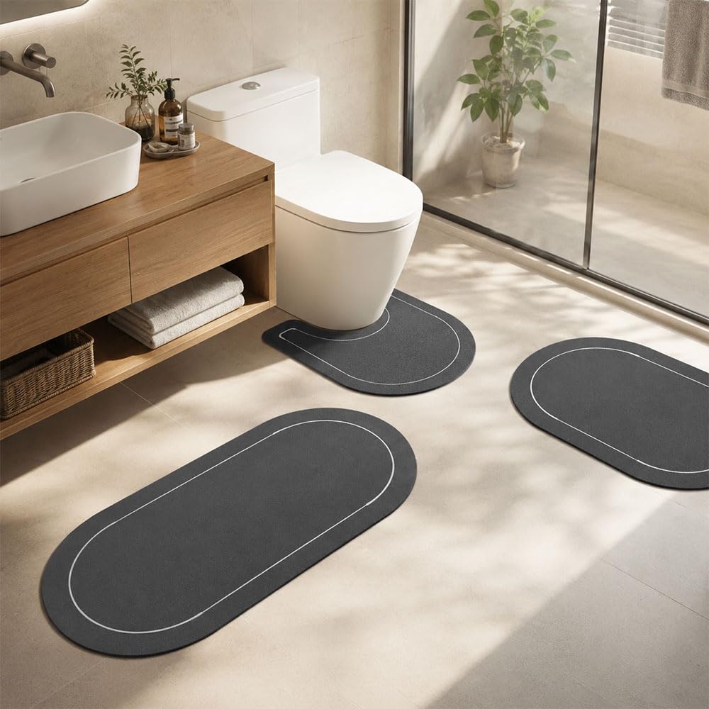 Lukery Tappeti Bagno 3 Pezzi (Crema,60x90+80x120+50x55cm) | Tappetino in Diatomite Assorbente tappeto bagno Tappetino per WC forma di U, Asciugatura Rapida Antiscivolo