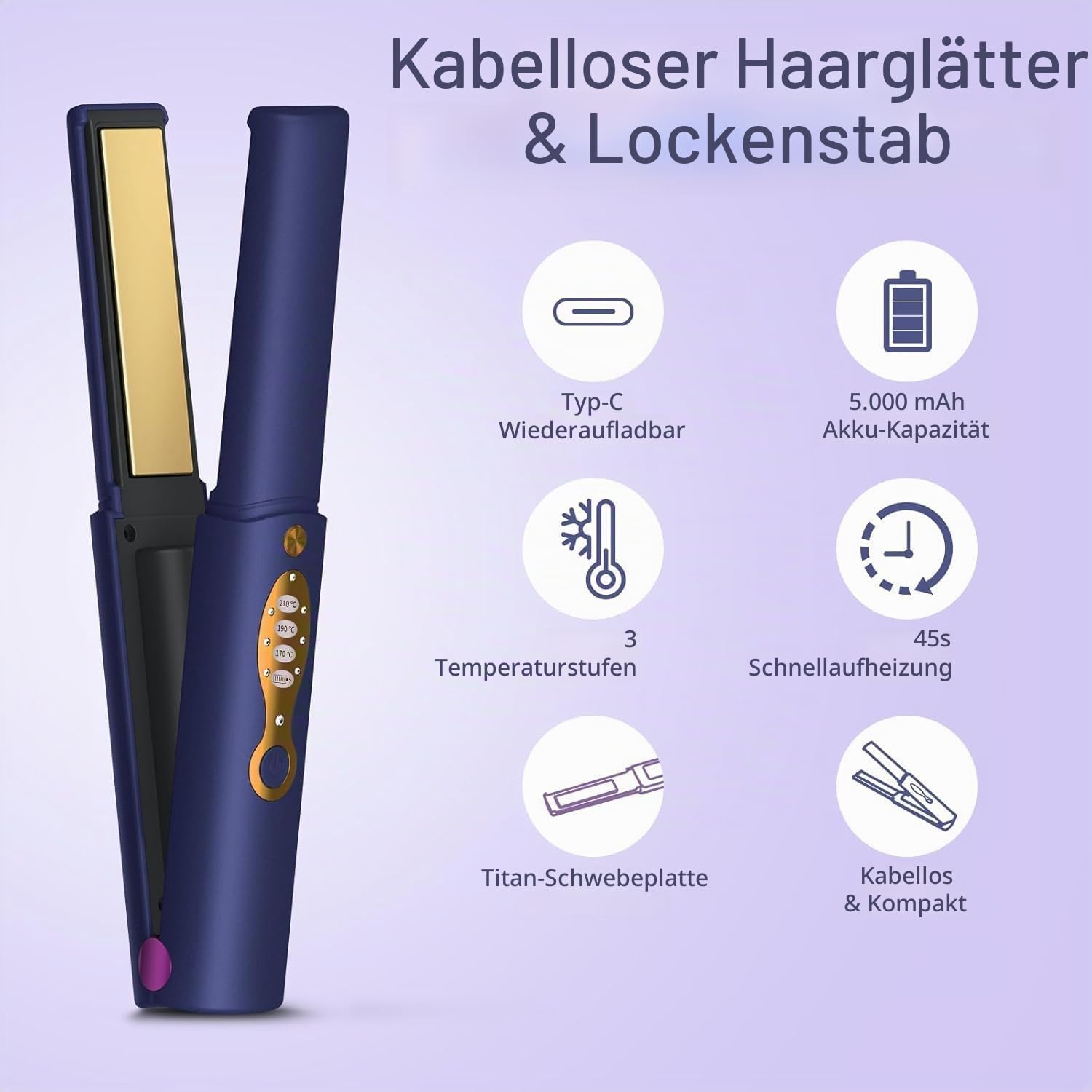 OBEST Glätteisen Kabellos, 2 in 1 Reise Glätteisen Locken Glätten | 5000mA Wiederaufladbares Tragbares USB Haarglätter, Schneller Keramikerwärmung, 3 Ainstellbaren Temperaturen