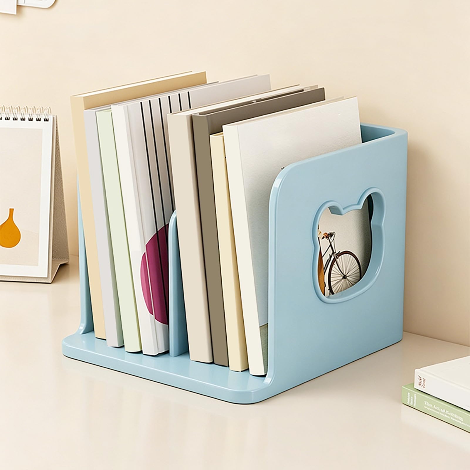 Simpatico fermalibri per scrivania – Mensola porta libri per bambini pastello con multi-scomparto, base anti-ribaltamento e design aperto, decorazione per libri di testo, quaderni e penne