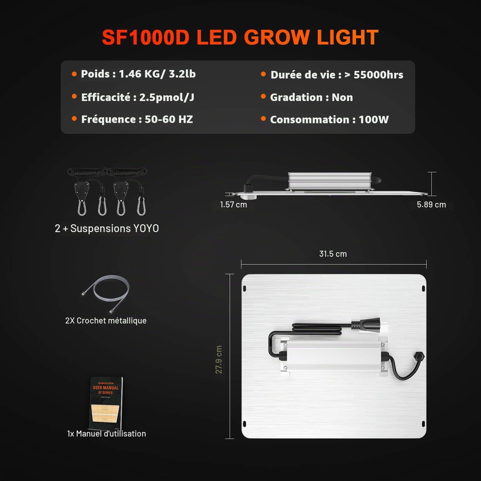 SPIDER FARMER SF1000D Lampe de Croissance avec Samsung LM301B LEDs Horticole Floraison Lampe de Plante LED élèvent la lumière Spectre Complet 3000K 5000K 660nm 760nm IR