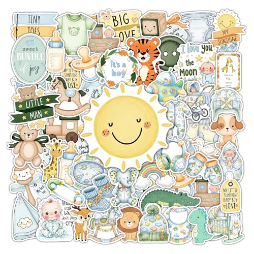 HIZILY 50 Pcs Baby Boy Stickers Lovely Blue Newborn Sticker Baby Shower Vinyl Decal Gender Reveal Decor Laptop Water Bottle Cup Scrapbooking Poster Board Whiteboard Album Gifts for New Mom Dad