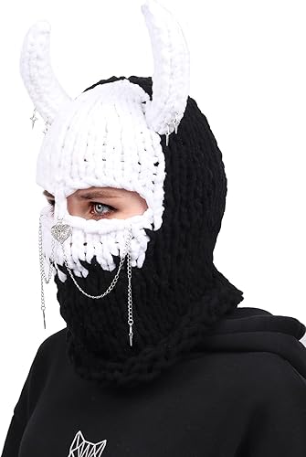 Miniatura 4 de DAZCOS Pasamontañas de punto, gorros, máscara de cabeza de cuerno de diablo, máscara de invierno para la cara completa, máscara de esquí para