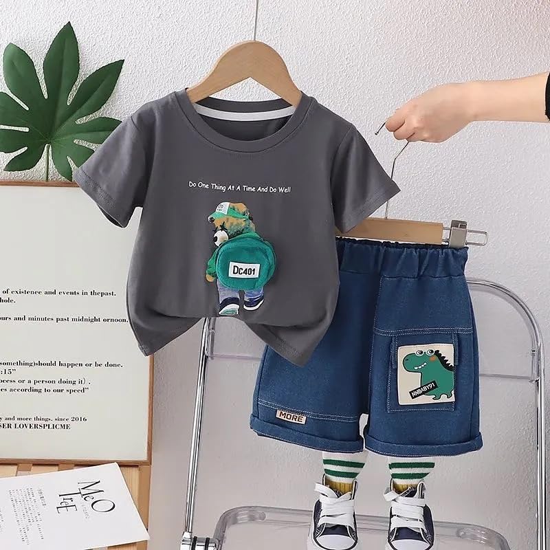 Image of Bold N Elegant Unisex Kid Cotton Solid Playful Happy Face Print Half Sleeve T-Shirt & Denim Shorts Summer Clothing Set