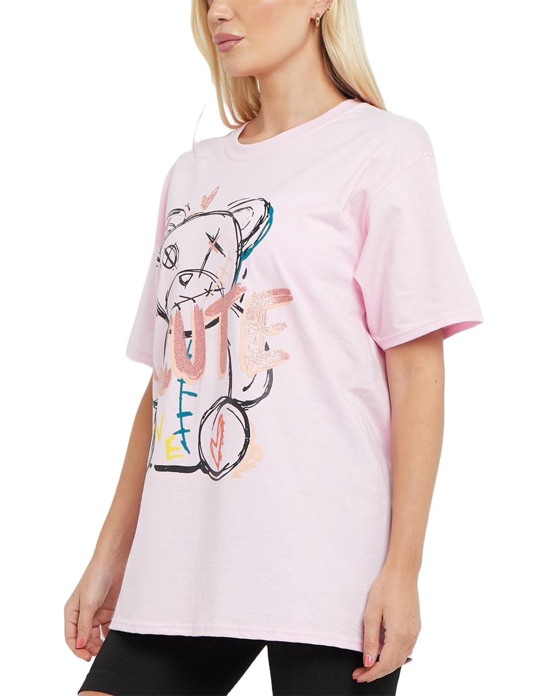 Asfashion Online Women's Baby Pink Short Sleeve Cute Bear Printed T Shirt Crew Neck Oversized Summer Tops ( Uk 16-18)