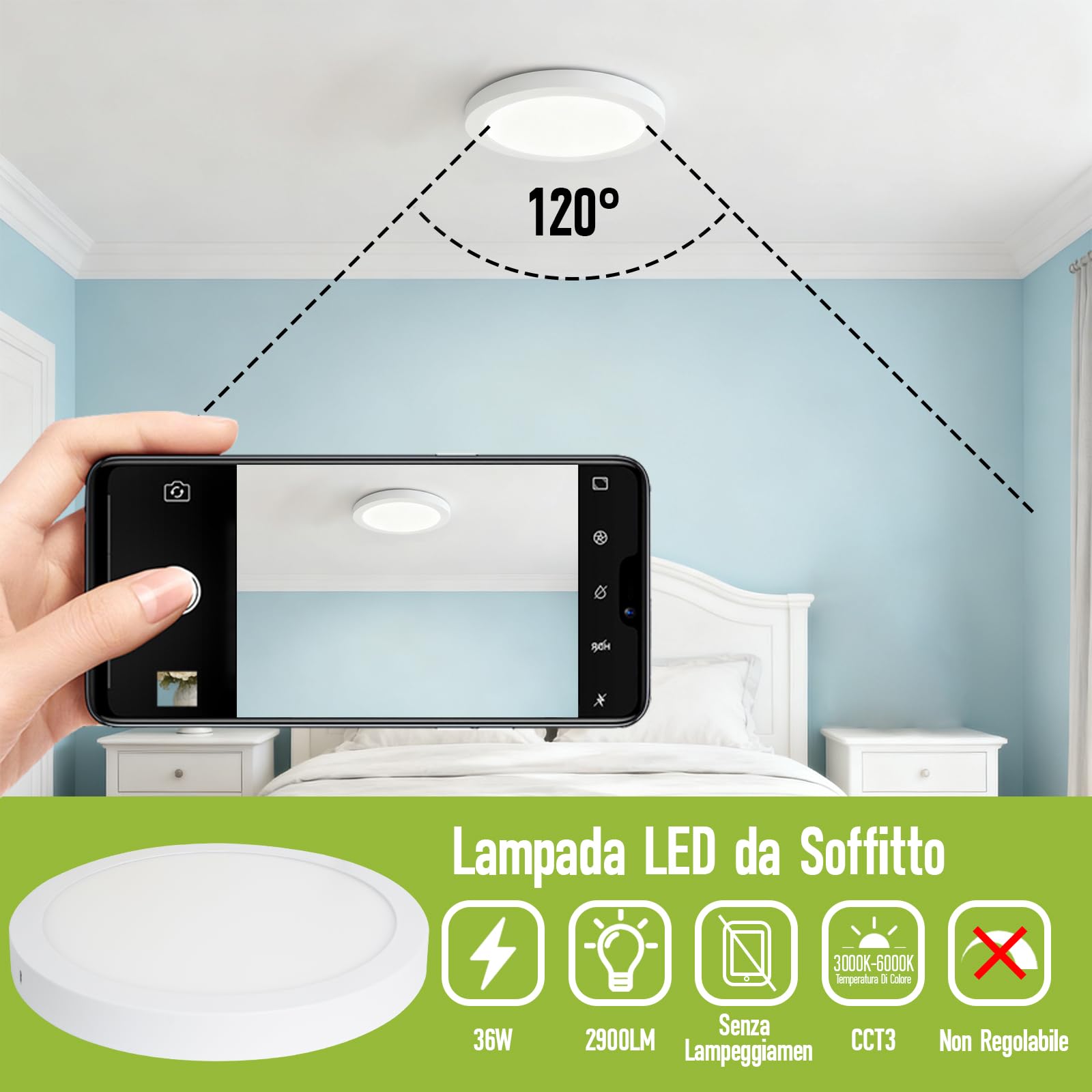 Plafoniera LED Soffitto 36W 2900LM 3CCT 3000K/4000K/6000K Impermeabile Lampada da Soffitto IP44 Plafoniera Bagno Non Dimmerabile Alluminio Φ400mm x 30mm