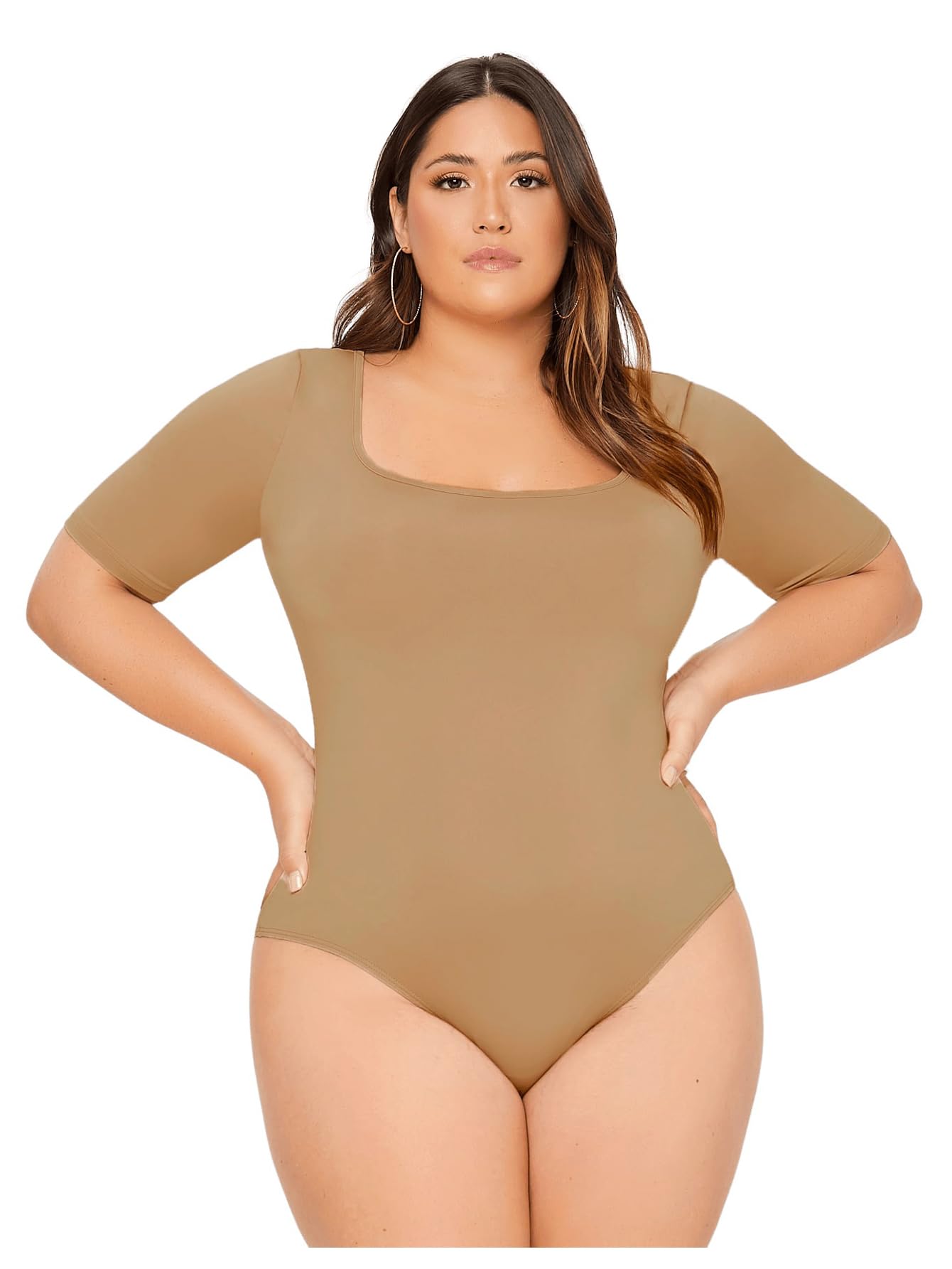 OYOANGLE Women's Plus Size Basic Short Sleeve Bodysuit Scoop Neck T Shirts Bodysuit