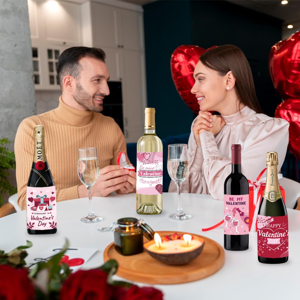 24 Pcs Happy Valentine's Day Wine Bottle Labels, Red Pink Dating Stickers for Champagne, Be Mine, Love You Forever, Love Poison, Hearts and Roses Flower Waterproof Decal Labels Gift for Your Lover