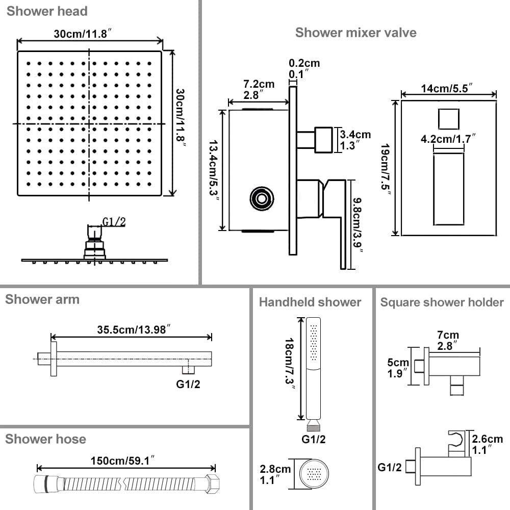 BESy Shower System with 12 Inch Rain Shower Head and Handheld Wall Mounted, High Pressure Rainfall Shower Faucet Fixture Combo Set with 2 in 1 Handheld Showerhead for Bathroom, Brushed Gold