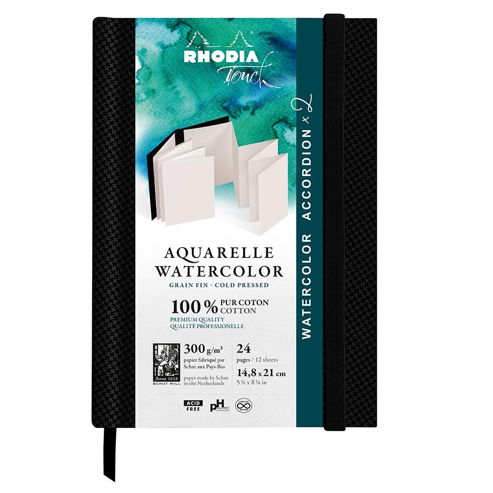 RHODIA TOUCH 116153C - Watercolour notebook 100% cotton - double accordion - 300 gsm - A5 portrait - 32 pages - elastic closure - Watercolour Book hardback