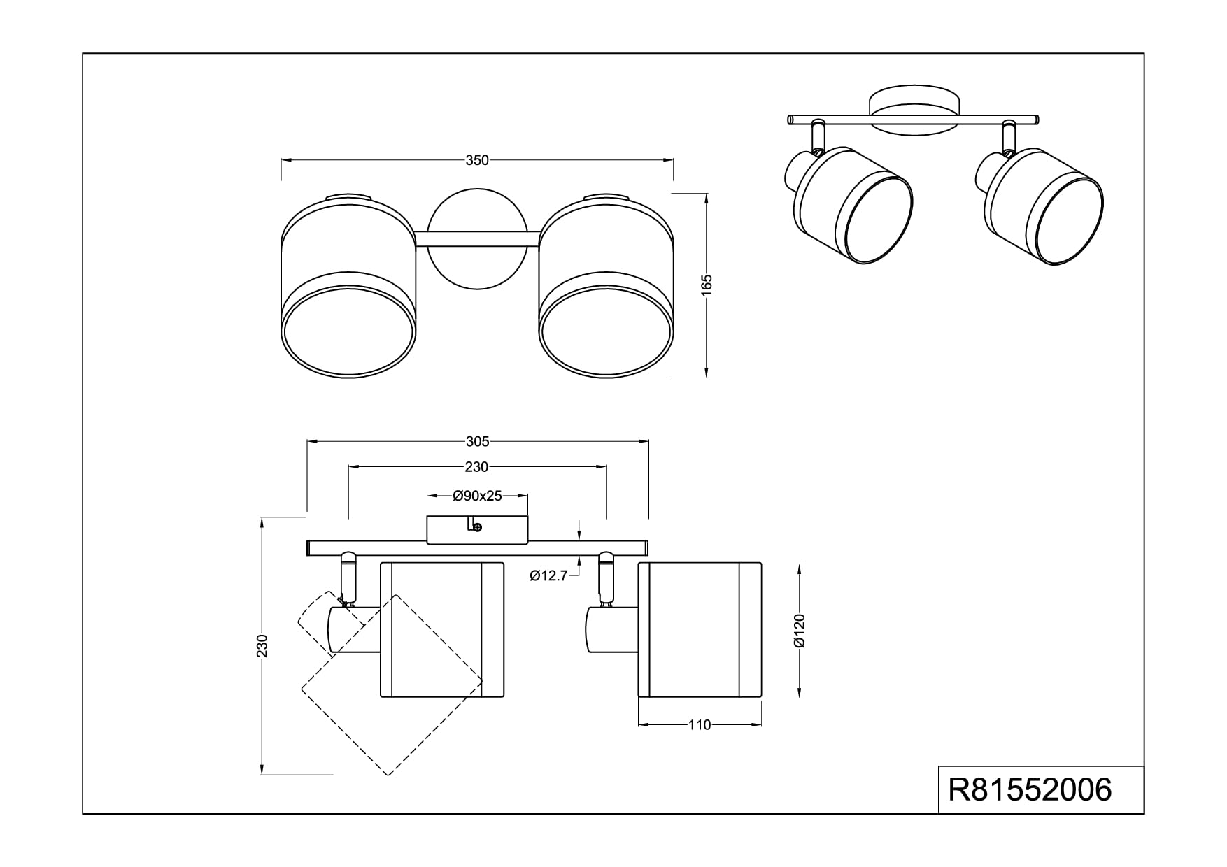Reality Leuchten RL Spot Bar Davos R81552006, Metal Cromado, Cortinas Tela Gris/Blanco, excl. 2x E14