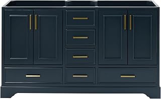 ARIEL Stafford 60-inch Bathroom Vanity Base Cabinet,Solid Wood, 4 Soft Closing Doors, 6 Dovetail Drawers, Satin Brass, Midnight Blue
