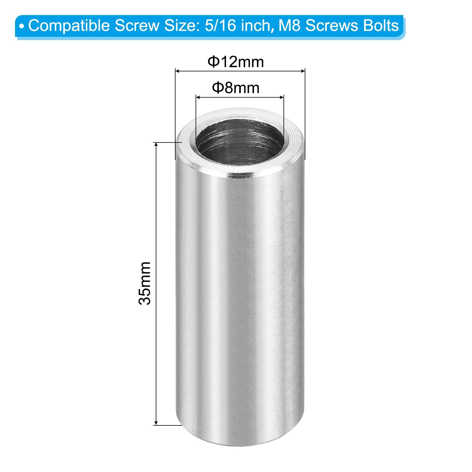 PATIKIL M8 Stainless Steel Spacers, 12Pcs Metal Spacer 8mm ID x 12mm OD x 35mm L Screw Standoff for 5/16" or M8 Screw - Image 2