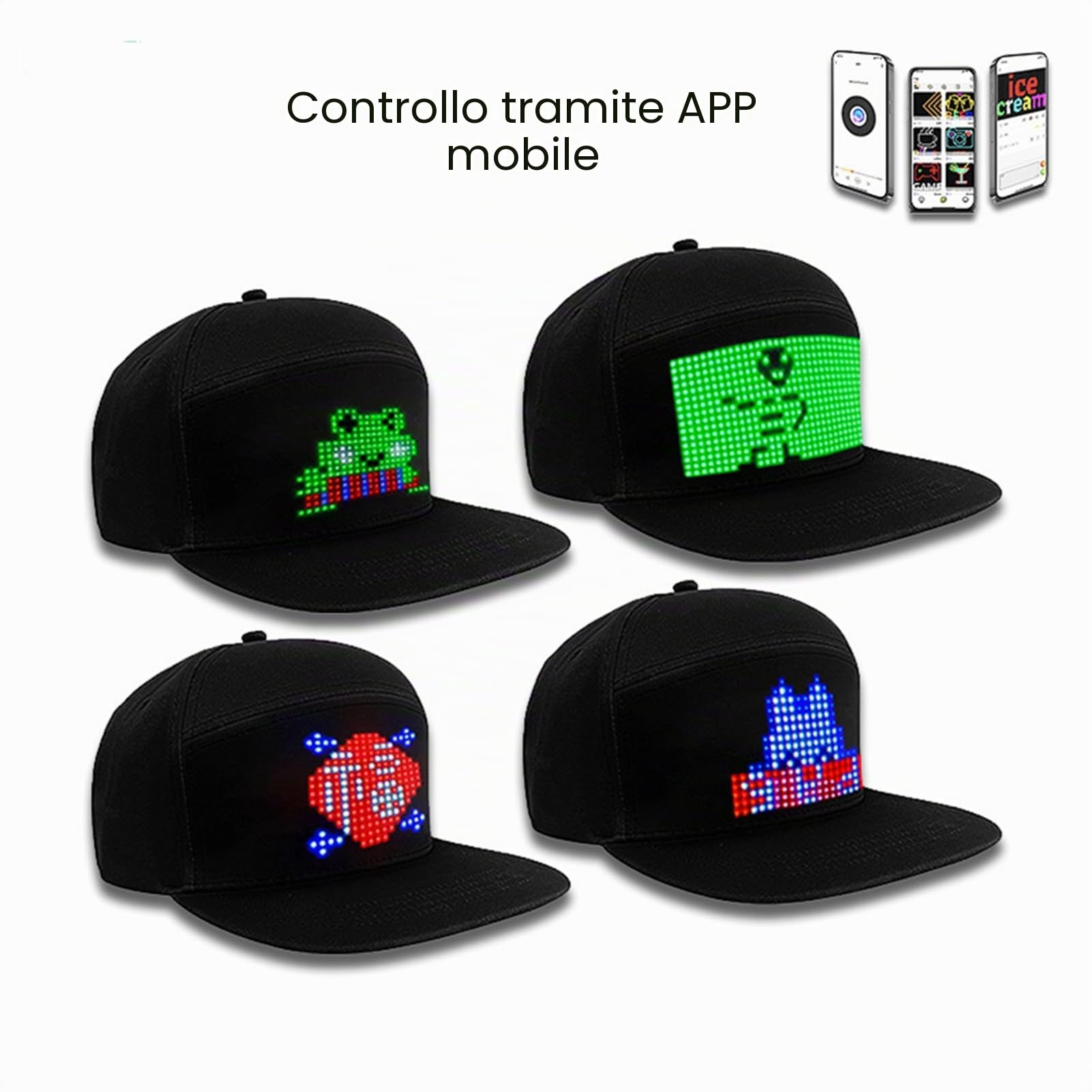 SEAFRONT Cappello LED Programmabile per Editing LED a Colori Controllo App Berretto Baseball Cappello con Segnaletica LED Cappello Intelligente di Dimensioni Regolabili