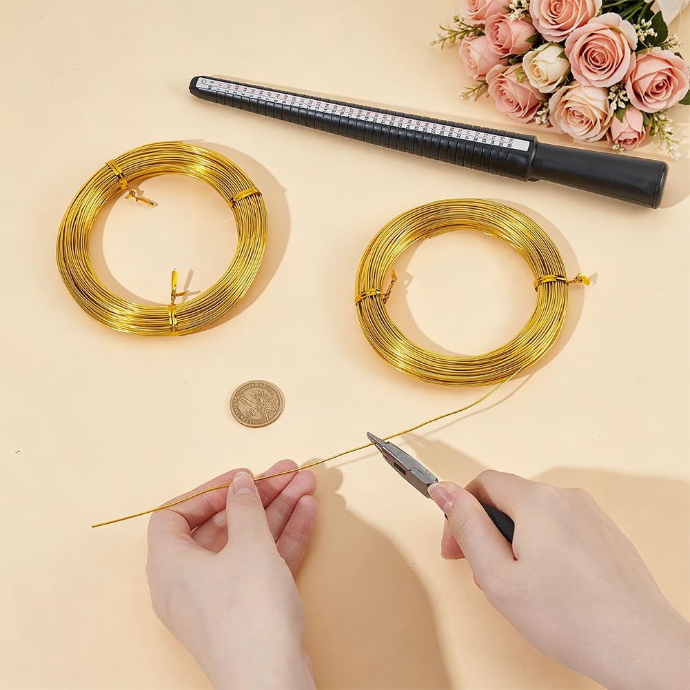 OLYCRAFT 4 Packung 18 Gauge Aluminiumdraht Schmuckherstellung Set 120m Goldener Schmuckdraht Wickelset mit Ringgrößen Messstab und Rundzange für DIY Schmuckarbeiten und Ringreparatur Projekte