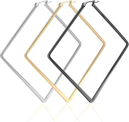 3 Pairs Big Hoop Geometric Earrings for Women, Hypoallergenic Stainless Steel Hoop Earrings Set Plated in Gold-Silver-Black-Rose Gold