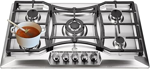 Miniatura 1 de Placa de cocina de gas de 34 pulgadas en parte superior de acero inoxidable, 5 quemadores para cocina, estufa de gas, cocina de gas, color plateado