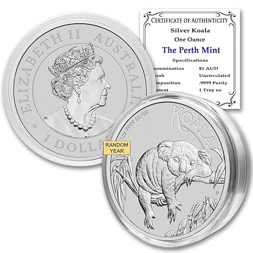Miniatura 1 de AU 2007 - Present Random Year Australian 1 oz Silver Koala Coin Brilliant Uncirculated BU - in Capsule with Certificate of Authenticity 1 Mint State
