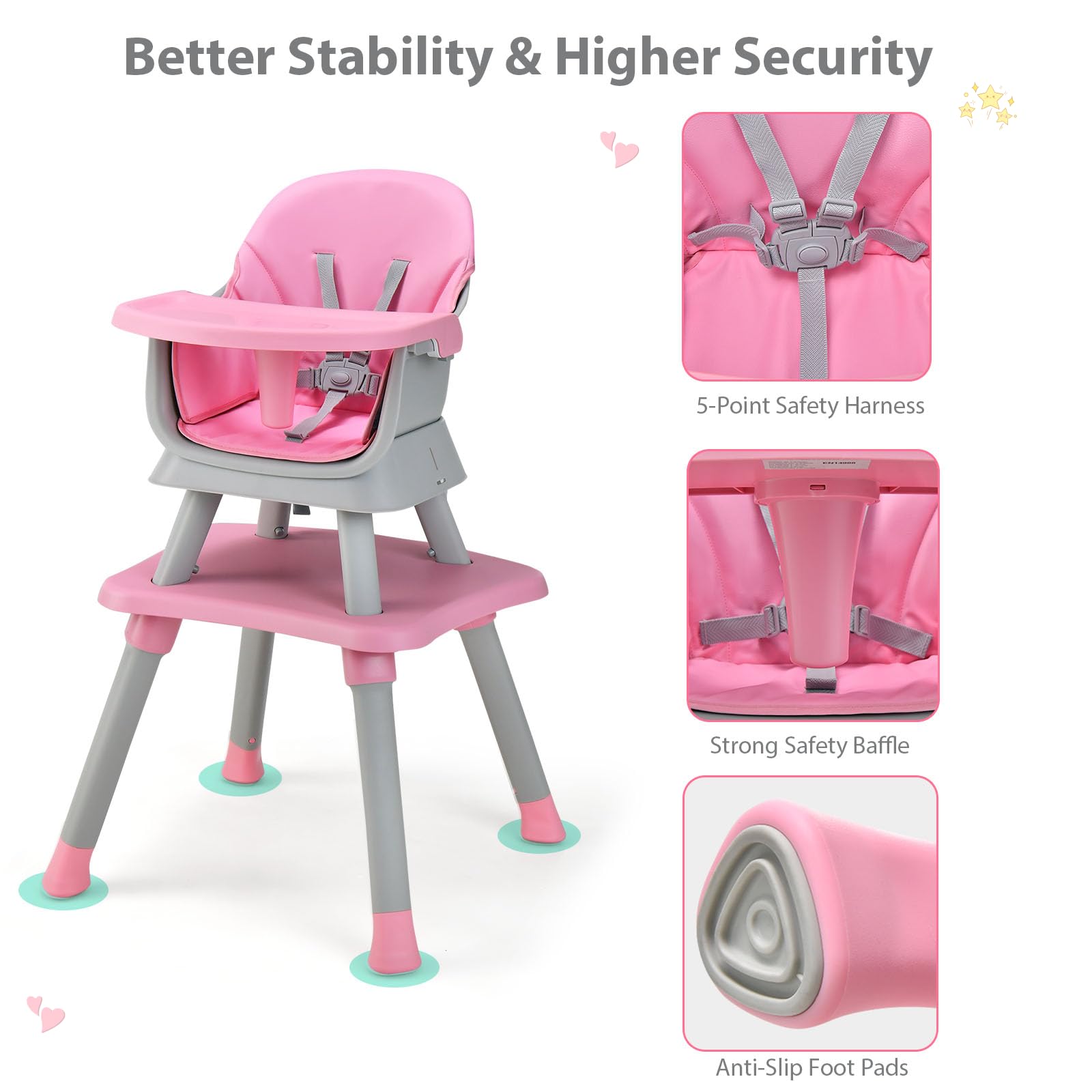 LIFEZEAL Seggiolone per Bambini, in PP, Portata 25 kg, Sedia per Bambini con Vassoio e Rivestimento in Tessuto Rimovibile, Seggiolone Combinato con Cintura di Sicurezza, 7-36 Mesi (rosa)