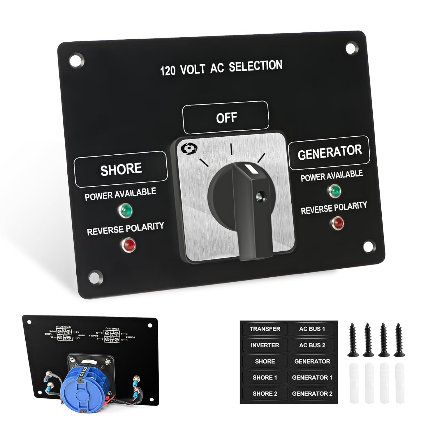AC Rotary Selector Switch Panel - 120V 30A, 2 Position Rotary Switch with Reverse Polarity LED Indicator Light, for Ships Commercial Vessels Naval Ships Private Yachts