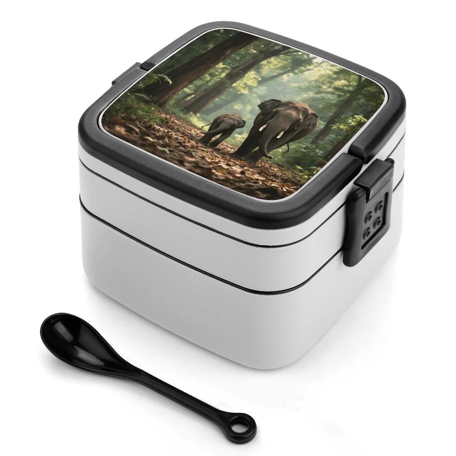 VstaDank Elephants Bento Box with Compartments Portable Lunch Containers with Spoon Leak Proof Bento Lunch Box Snap-On Design Double-Layer Insulated Lunch Boxes for Work Camping