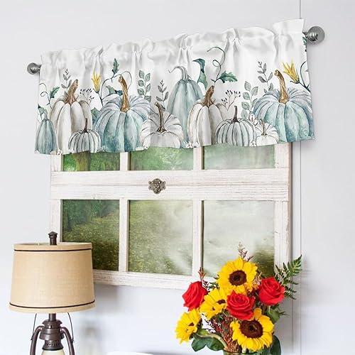 Cenefas de cocina de Acción de Gracias para ventanas de sala de estar, cenefa de calabaza con bolsillo para cortinero, color verde azulado, gris y