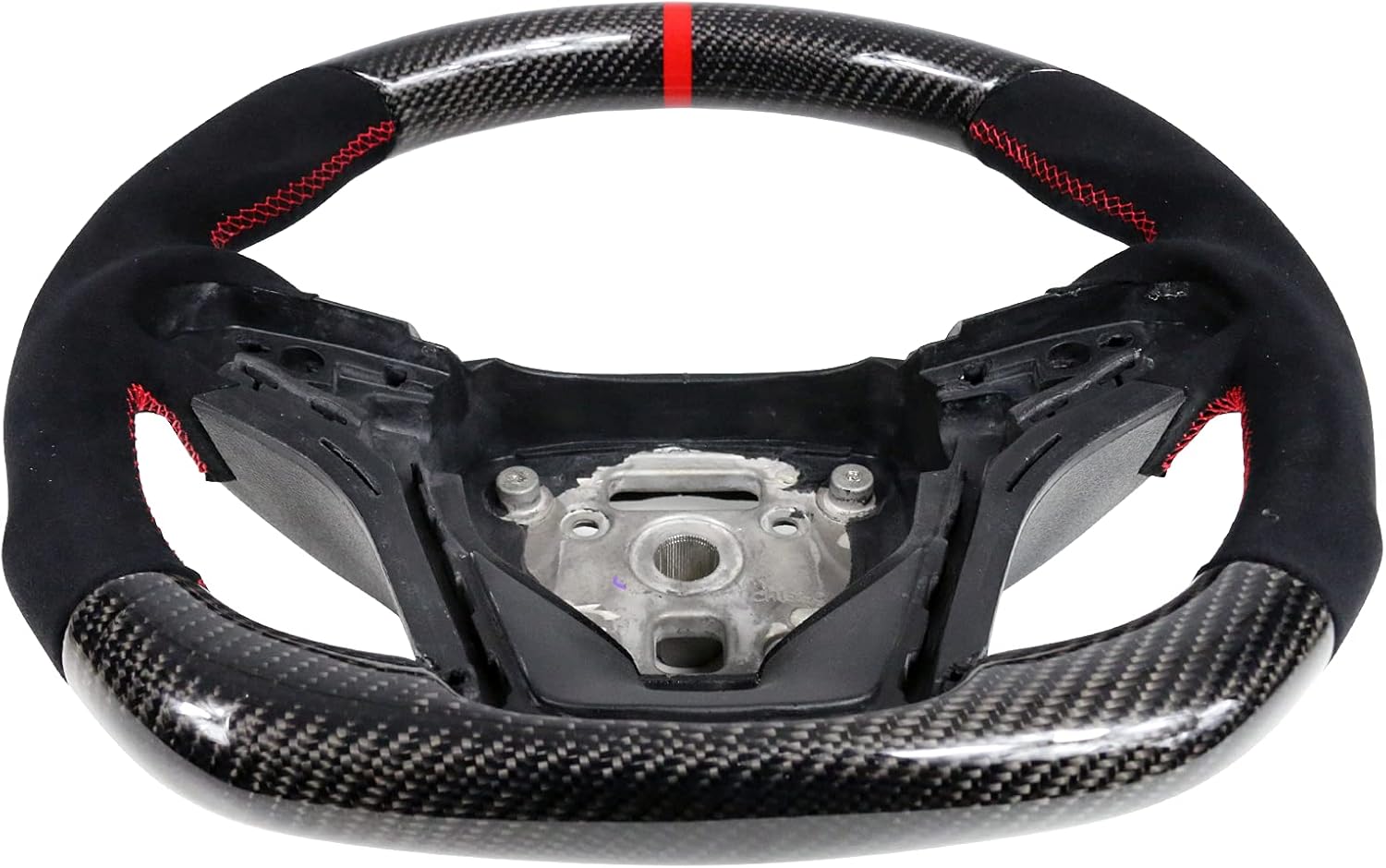IKON MOTORSPORTS, Steering Wheel Compatible With 2012-2015 Chevy Camaro, Black Carbon Fiber & Synthetic Suede Steering Wheel Brushed Kit With Red Stitching