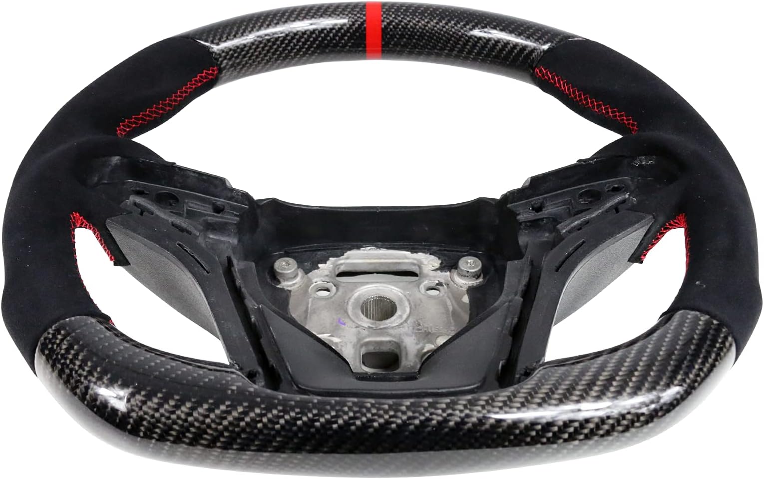 IKON MOTORSPORTS, Steering Wheel Compatible With 2012-2015 Chevy Camaro, Black Carbon Fiber & Synthetic Suede Steering Wheel Brushed Kit With Red Stitching