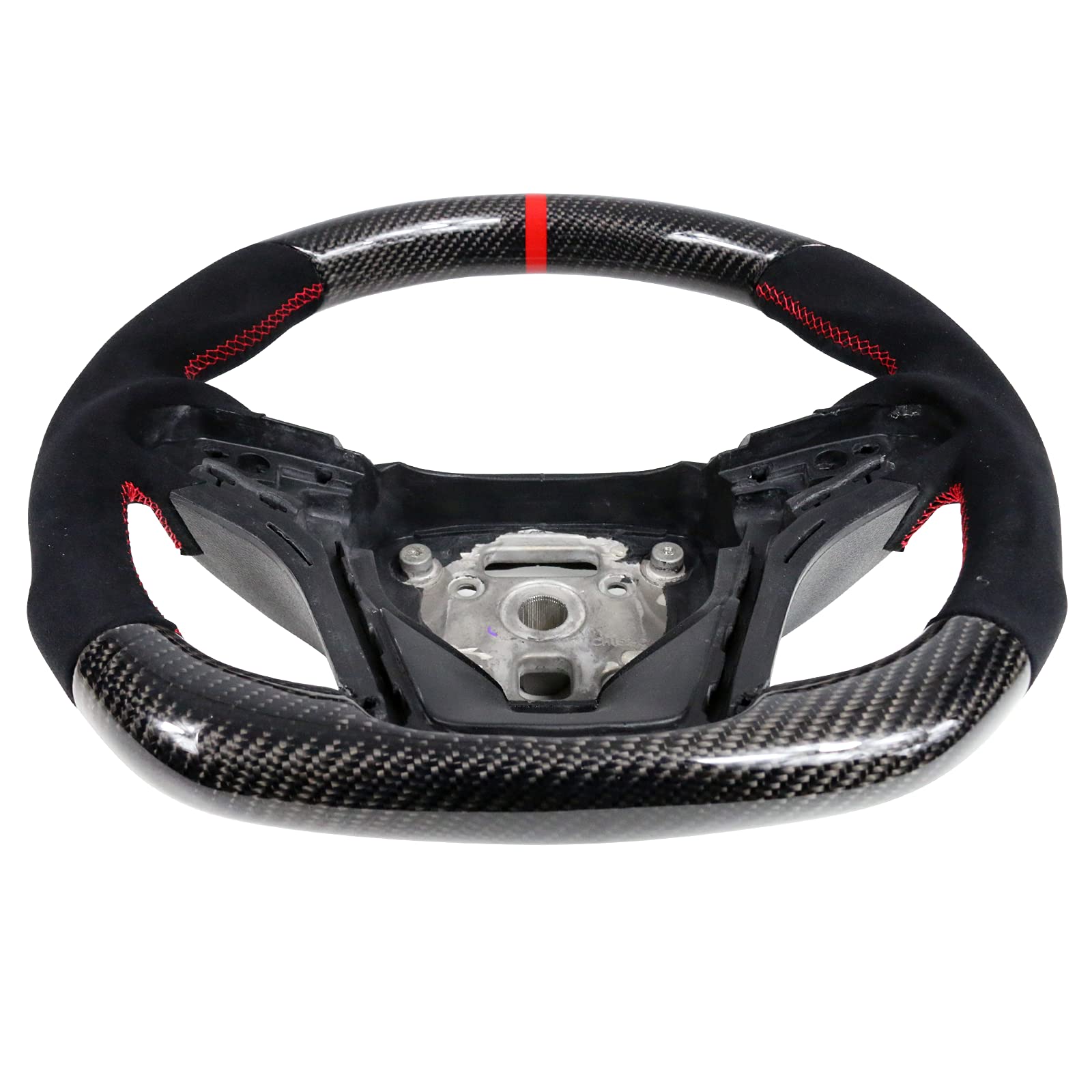 IKON MOTORSPORTSSteering Wheel Compatible With 2012-2015 Chevy Camaro, Black Carbon Fiber & Synthetic Suede Steering Wheel Brushed Kit With Red Stitching