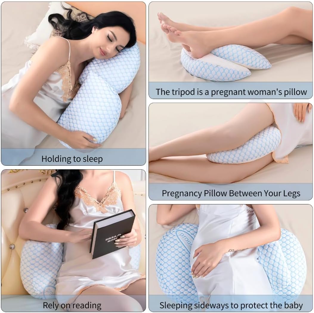 Portable Pregnancy Pillow – W Shaped Maternity Support for Side Sleepers, Adjustable Travel Wedge Pillow for Back, Belly, and Hip Relief, Ideal for Pregnant Women, Nursing Pillow (While Blue)