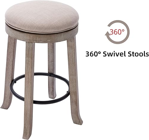 Miniatura 4 de LukeAlon Farmhouse - Juego de 2 taburetes de bar redondos de tela de lino, giratorios de 360 de 25.6 pulgadas de altura de mostrador con patas de
